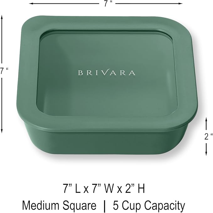 BRIVARA HOME Ceramic Coated Glass Food Storage Container | No PTFE, PFOA, PFAS, and BPA | Reusable Non Toxic Meal Prep Container with Glass Lid | Easy To Store | 5 Cup Square [Pine]
