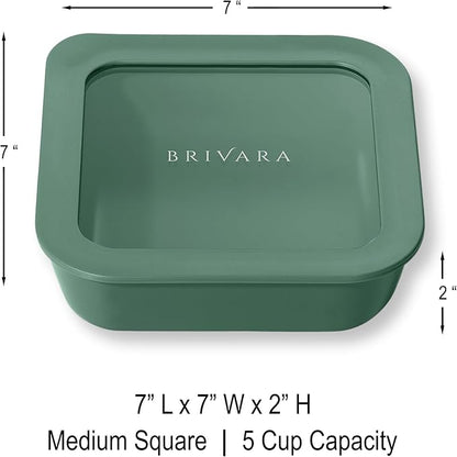 BRIVARA HOME Ceramic Coated Glass Food Storage Container | No PTFE, PFOA, PFAS, and BPA | Reusable Non Toxic Meal Prep Container with Glass Lid | Easy To Store | 5 Cup Square [Pine]