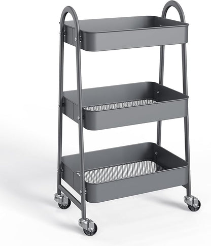 NEWBULIG 3-Tier Metal Rolling Cart with Lockable Wheels, Heavy Duty Mobile Utility Storage Shelf, Roller Book Snack Cart, Grey
