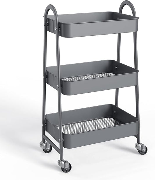 NEWBULIG 3-Tier Metal Rolling Cart with Lockable Wheels, Heavy Duty Mobile Utility Storage Shelf, Roller Book Snack Cart, Organization for Livingroom, Bathroom, Office, Grey