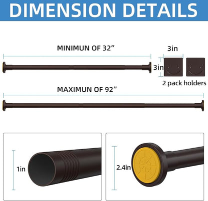 CorkLatta Matte Bronze Shower Curtain Rod,1 Inch Diameter Stainless Steel Adjustable Spring Tension Rods 32 to 92",with Holders,Anti-Slip,Curtain Rods No Drilling(1 Pack)
