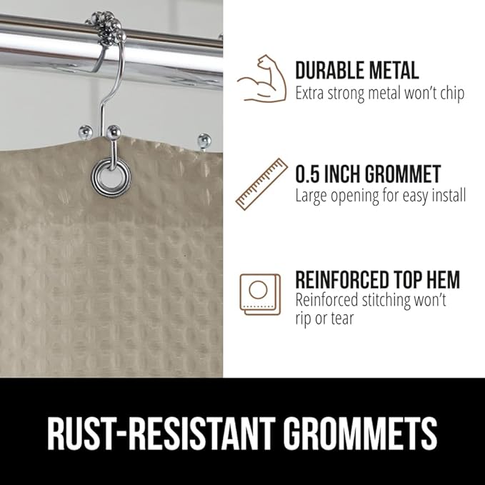 GORILLA GRIP Waffle Shower Curtain, Thick Weighted Fabric, Wrinkle and Rust Resistant, Classic Hotel Quality Design, Heavy Duty Long Curtains for Bathroom Showers, Bath Tubs, Machine Wash, 72x72 Beige