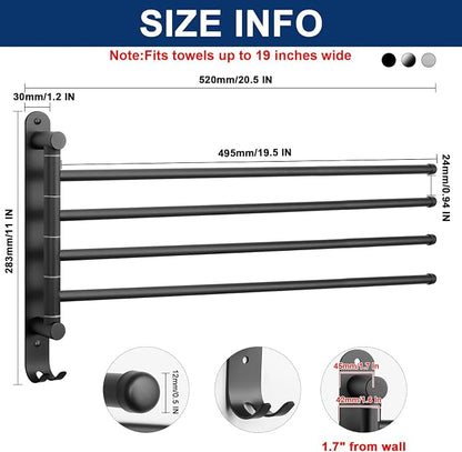 NearMoon Swivel Towel Rack, 19.5" Thicken 304 Stainless Steel 4-Arm Towel Bar, Space Saving Wall Mounted Towel Holder with Hook, Rustproof Swing Out Towel Hanger for Bathroom, Kitchen (Matte Black)