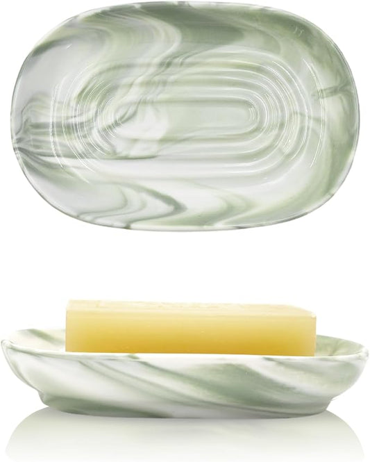 Elegant Ceramic Soap Dish for Shower with Unique Marble Texture, Decorative Bar Soap Holder for Bathroom & Kitchen, Easy Clean Versatile Oval Soap Dishes for Soap Bar