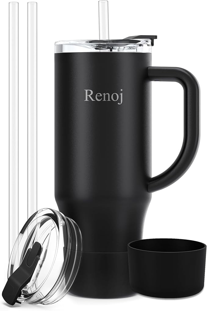 Renoj Tumbler with Handle 100% Leak Proof Insulated Water Bottle for Iced Coffee & Hot Drinks - Fits Car Cup Holder, Ideal Gift, 2 Straws & Silicone Boot BPA-Free - SnapShift Black 32 oz