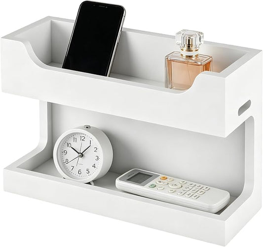 Wooden Bedside Caddy, Wall Mounted Shelf with Dual Storage Layers, Bedside Accessories Organizer with Charging Port for Phone, Remote, Earphone, Glasses