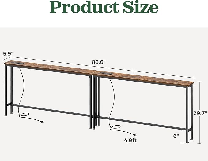 SUPERJARE 86.6 inch Narrow Console Table with Outlet, Sofa Tables, Behind Couch Table, Long Entryway Tables with Charging Station, for Living Room, Rustic Brown