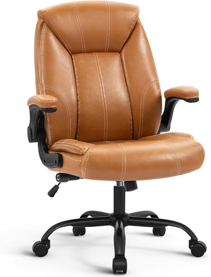 YAMASORO Executive Office Chair,Big and Tall Ergonomic Desk Chair with Adjustable Lumbar Support,Breathable PU Leather Computer Chair wih Flip-up Arms and Wheels, Camel