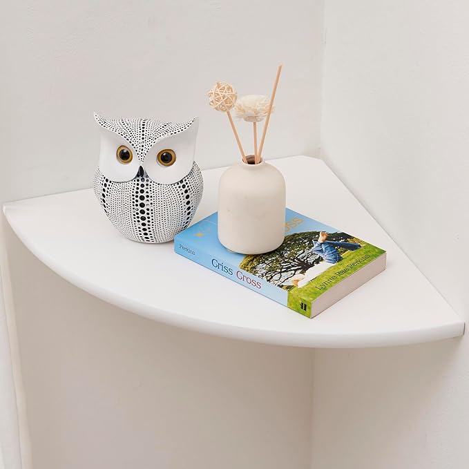 Conamily Corner Shelf, White Solid Oak Wood Floating Corner Shelves Wall Mount Round End Floating Speaker Rack Display Shelf for Small Plant Photo Frame (White, 12in)