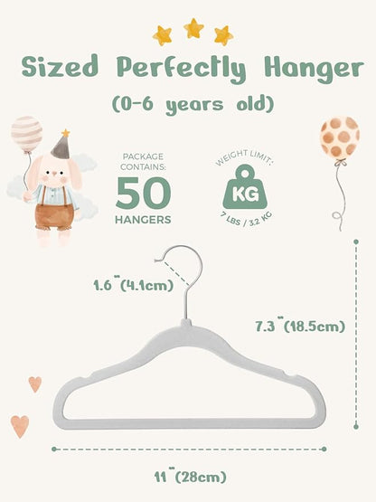 HOUSE DAY 11 Inch Velvet Baby Hangers 50 Pack Grey, Premium Kids Hangers for Children, Infant & Toddler Clothes, Durable Non Slip Small Baby Felt Hanger for Closet, Ideal for Everyday Use
