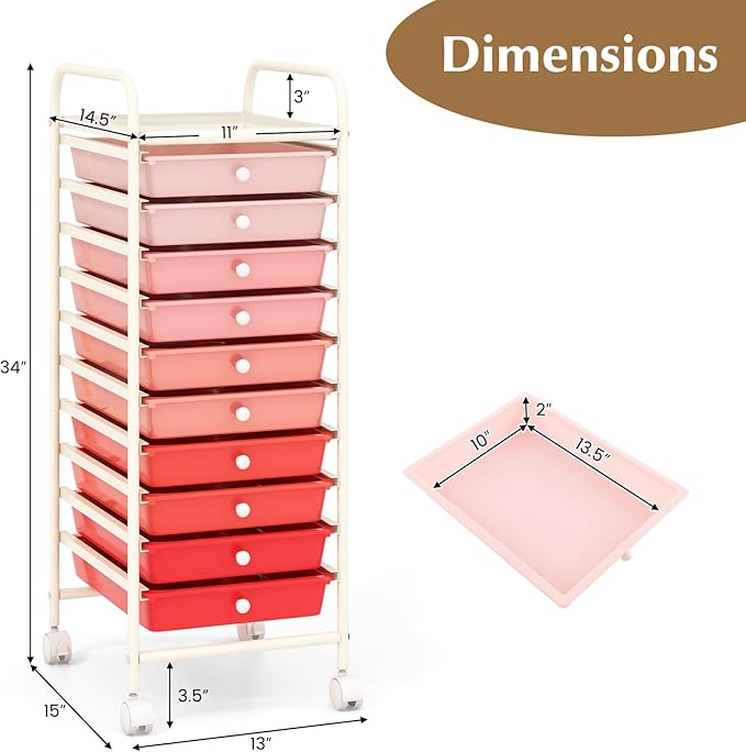 RELAX4LIFE Craft Organizers and Storage Cart - Rolling Cart with 10 Drawers, Lockable Casters for Tools, Trolley Cart with Wheels, Utility Cart for School, Home Office, Craft Cart (Gradient Pink)