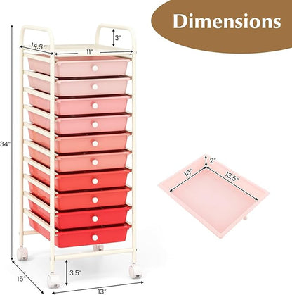 RELAX4LIFE Craft Organizers and Storage Cart - Rolling Cart with 10 Drawers, Lockable Casters for Tools, Trolley Cart with Wheels, Utility Cart for School, Home Office, Craft Cart (Gradient Pink)