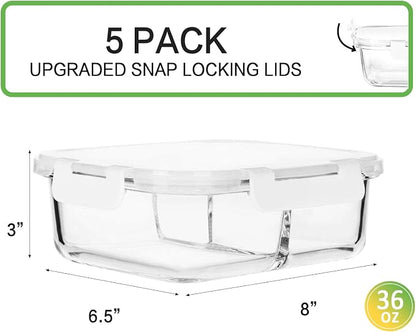 M MCIRCO [5-Pack,36 oz] Glass Meal Prep Containers 3 Compartment with Lids, Glass Lunch Containers,Food Prep Lunch Box,Bento Box, Microwave, Oven, Freezer, Dishwasher (4.5 Cups, White)