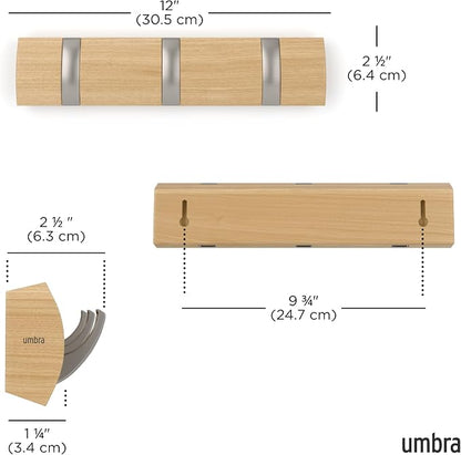 Umbra Flip Wall-Mounted Coat Rack with 3 Hooks – Modern, Space-Saving Storage for Hats, Jackets, Bags, Entryway, Mudroom, Closet, Bathroom, Bedroom – Natural/Nickel