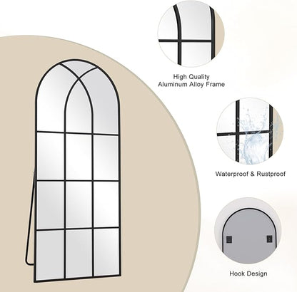 Arched Window pane Full Length Mirror 30"x71", Full Body Standing Mirror, Window Shaped Farmhouse Style with Aluminum Frame, Decor Wall Mirrors for Living Room, Courtyard, Bedroom, Entryway, Black