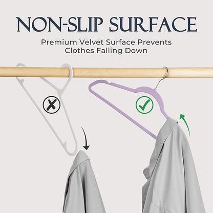 HOUSE DAY Lt-Purple Velvet Hangers 60 Pack, Non Slip Clothes Felt Hanger Heavy Duty for Coat, Premium Slim Space Saving Suit Hangers for Closet Organizer, 360° Rotating Silver Hook