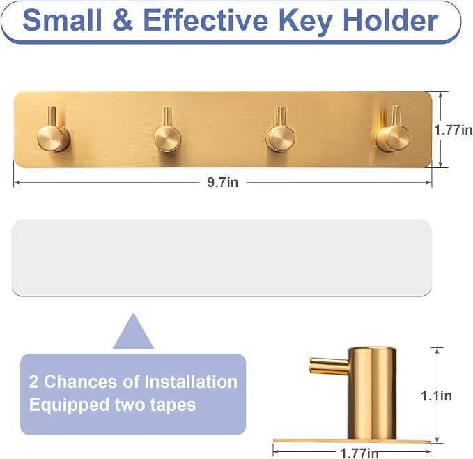 Key Holder with 4 Hooks,Key Hanger Organizer for Wall Mount with 2 Self-Adhesive Tapes,Metal Key Rack for Entryway, Door, Bathroom, Kitchen(Golden)