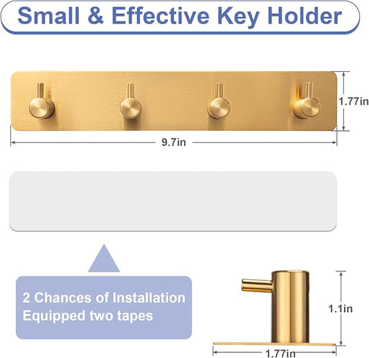 Key Holder with 4 Hooks,Key Hanger Organizer for Wall Mount with 2 Self-Adhesive Tapes,Metal Key Rack for Entryway, Door, Bathroom, Kitchen(Golden)