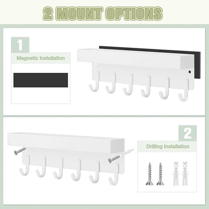 VIS'V Magnetic Key Holder Wall Mount, Compact Metal Key Rack with Tray, 6 Hooks, 2 Mount Options, White