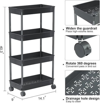 Sooyee 4 Tier Wide Storage Cart Mobile Shelving Unit Organizer Slide Out Storage Rolling Utility Cart Tower Rack for Kitchen Bathroom Laundry, Plastic & Stainless Steel, Black