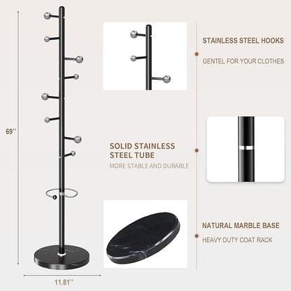 Modern Metal Coat Rack Stand, Coat Rack Freestanding with Natural Marble Base, Sturdy Heavy Duty Coat Racks with 8 Hooks, Black Coat Hall Tree Stand for Entryway, Office
