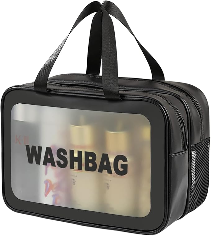 Travel Toiletry Bag for Women and Men, Matte Translucent Toiletry Bag with Handy Handle, Makeup Cosmetic Organizer Bag for Travel Toiletries Accessories (Black-XL)