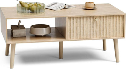 LCRBOL Coffee Table with Storage, Boho Dining Table with Fluted Drawer and Solid Wood Legs, Small Coffee Tables for Living Room, Oak