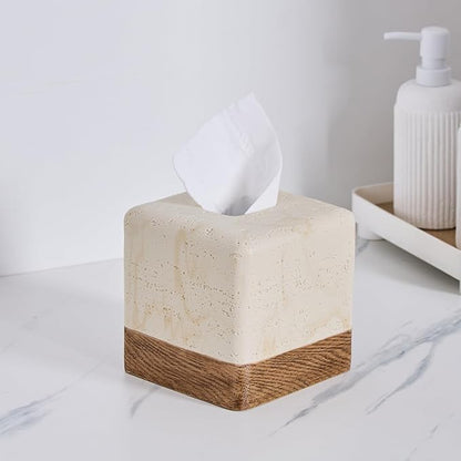 Natural Travertine Match Wooden Square Tissue Box Cover Decorative,Resin Heavy Sturdy Tissue Box Holder, Facial Paper Holder for Bathroom Vanity Countertop, Bedroom Night Stand,Office and End Table
