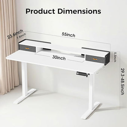 Electric Standing Desk with Drawers, 55 Inch Height Adjustable Desk with Power Outlets & LED Lights, Sit Stand Table with Monitor Stand for Home, Office, White