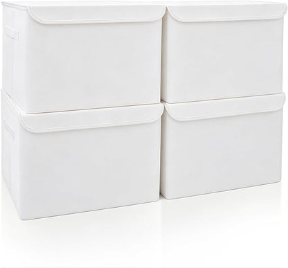 Bagnizer Large 22 Quart Linen Fabric Foldable Storage Bin Cube Organizer Basket with Flip-Top Lid & Handles, Clothes Blanket Box for Home, Office, Closet, White, 4 Pack 14.6 x 9.5 x 9.5”