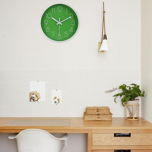 jomparis Modern Office Green Decor Wall Clock 12" Silent & Non-Ticking Battery Operated Quartz Round Clock