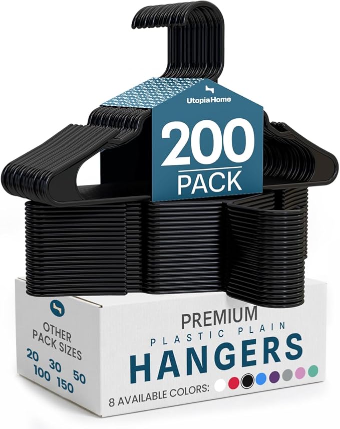 Utopia Home Plastic Hangers 200 Pack - Perfect Space Saving Clothes Hanger - Durable and Strong - Perfect Closet Organizers with Shoulder Grooves (Black)