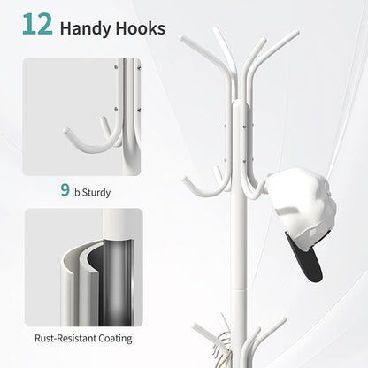Coat Rack with Umbrella Holder, White Metal Coat Rack Stand with 12 Hooks, for Entryway, Hallway, Living Room, Bedroom