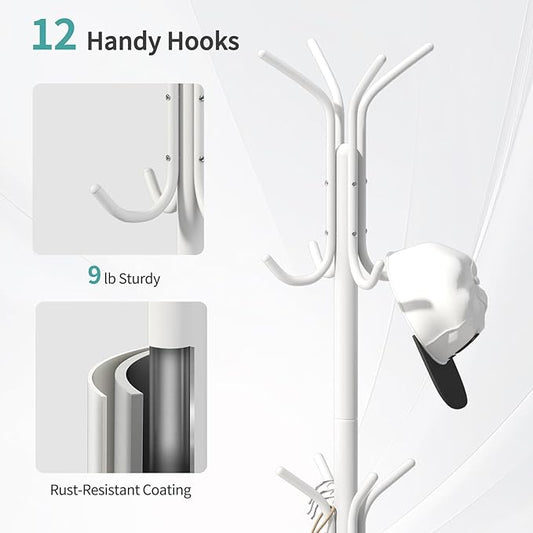 Coat Rack with Umbrella Holder, White Metal Coat Rack Stand with 12 Hooks, for Entryway, Hallway, Living Room, Bedroom