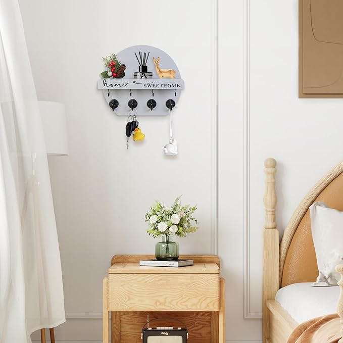 Key Holder for Wall, Key and Mail Holder Organizer - Key Holder Wall Mount with Bouquet Shelf and Key Hooks, Round Wooden Rustic Key Rack for Entryway and Home Decor (Gray)