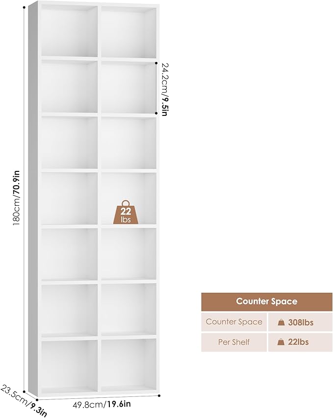 FOTOSOK 71'' Tall Bookshelf Set of 2, 7 Tier Large White Bookshelf with Adjustable Shelves, Wide Bookcases and Bookshelf, DVD/CD Media Tower Storage, Cube Book Shelf Display Shelf Cabinet, White