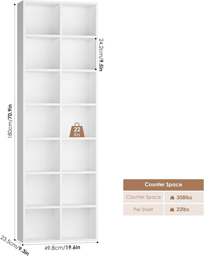 FOTOSOK 71'' Tall Bookshelf Set of 2, 7 Tier Large White Bookshelf with Adjustable Shelves, Wide Bookcases and Bookshelf, DVD/CD Media Tower Storage, Cube Book Shelf Display Shelf Cabinet, White