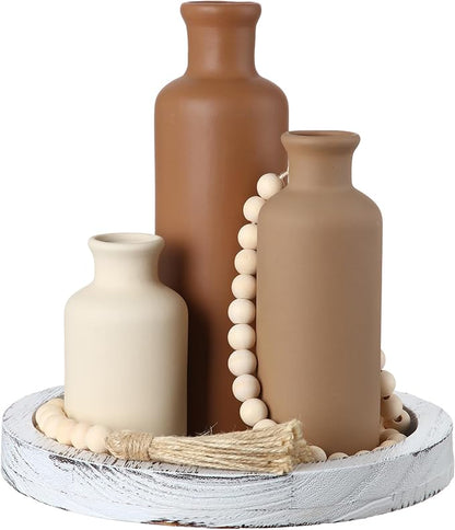 5 Pcs Rustic Country Tabletop Centerpieces Decor Set of 3 Boho Ceramic Vases with Wooden Serving Tray Wood Bead Garland Tassels Table Holder for Home Decorations (Brown)