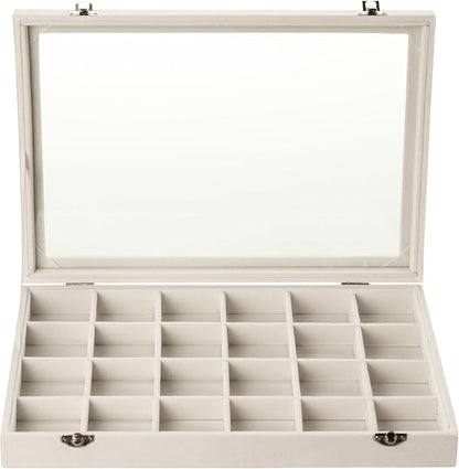 Frebeauty Velvet Jewelry Tray,24 Grid Jewelry Organizer with Clear Lid,Earring Holder Organizer with Clasp,Drawer Insert Rings Pendants Brooches,13.8 x 9.5 x 2 Inches,Gift for Women Girls(Beige)