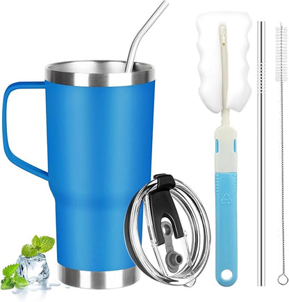 20 oz Tumbler with Handle, Stainless Steel Insulated Tumbler with Lid and Straw, Double Wall Vacuum Coffee Mug Tumbler, Insulated Coffee Thermal Cup for Cold and Hot (Sea Blue)