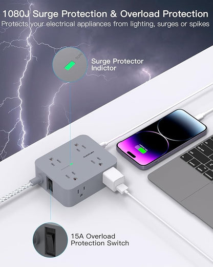 Surge Protector Power Strip 10 Ft Cord, HANYCONY Extension Cord with Multiple Oulets, 8 AC Outlets 4 USB (2 USB C) Ports, Flat Plug, Wall Mount Desk USB Charging Station for Home