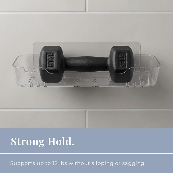 Acrylic Shower Shelf – Adhesive, No-Drill Bathroom Wall Shelf, Clear 12.2" x 3.54" x 1.77" Slim Organizer with Fast Drainage for Shower & Sink Toiletries