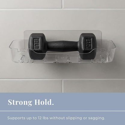 Acrylic Shower Shelf – Adhesive, No-Drill Bathroom Wall Shelf, Clear 12.2" x 3.54" x 1.77" Slim Organizer with Fast Drainage for Shower & Sink Toiletries