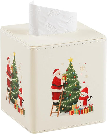 Square Christmas-Themed Tissue Box Cover with A Magnetic Bottom,A Stylish Leather-Decorated Tissue Holder for Living Rooms, Bedrooms, and Office Desks (White Square)