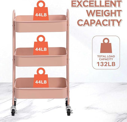 AGTEK Makeup Cart, Movable Rolling Organizer Cart, 3 Tier Metal Utility Cart, Rosiness