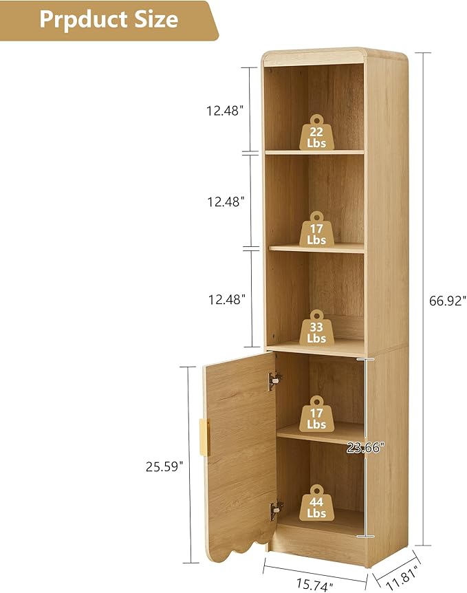 ORRD Narrow Tall Bathroom Storage Cabinet, Freestanding Storage Cabinet with Open Storage Compartments and Adjustable Shelf for Small Space, Bathroom, Living Room, Kitchen, (Natural)