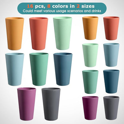 HEYCOME Set of 16 Wheat Straw Cups, 8 Pcs 20 oz & 8 Pcs 12 oz Unbreakable Drinking Cups, Reusable Plastic Cups Sets, Water Glasses Tumblers, Microwave & Dishwasher Safe, Bpa Free, 8 Colors