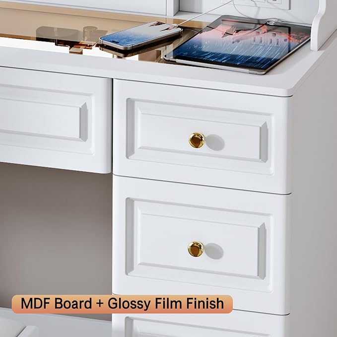 43" Makeup Vanity Desk with Mirror and Lights, & Power Outl, Glass Top Big Vanity Table with 9 Drawers& 8 Storage Shelves, Dressing Table Set with Chair for Bedroom, White