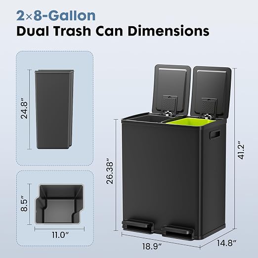 DUMOS Kitchen Double Trash Can, 2x8-Gallon Dual Trash Can with Lid, Stainless Steel Garbage Bin with 2 Removable Inner Buckets, Soft-Close Foot Pedal for Kitchen, Home, Office, Matte Black