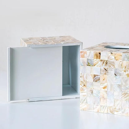 i-lan Mother of Pearl Tissue Holder,Sea Pearl Shell Decorative Square Tissue Cover Box for Bathroom,Mother of Pearl Napkin Box,MOP Tissue Cover Cube Box(champagne gold)